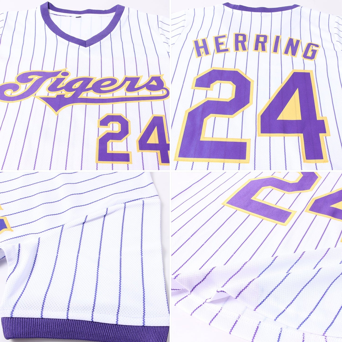 Custom White Purple Pinstripe Purple-Gold Authentic Throwback Rib-Knit Baseball Jersey Shirt view 7