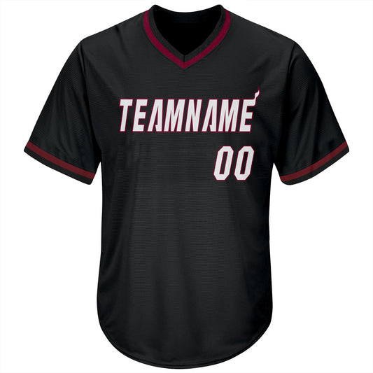 Custom Black White-Maroon Authentic Throwback Rib-Knit Baseball Jersey Shirt view 2