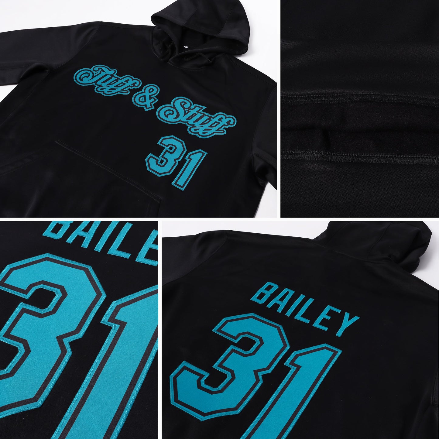 Custom Stitched Black Aqua Sports Pullover Sweatshirt Hoodie view 7
