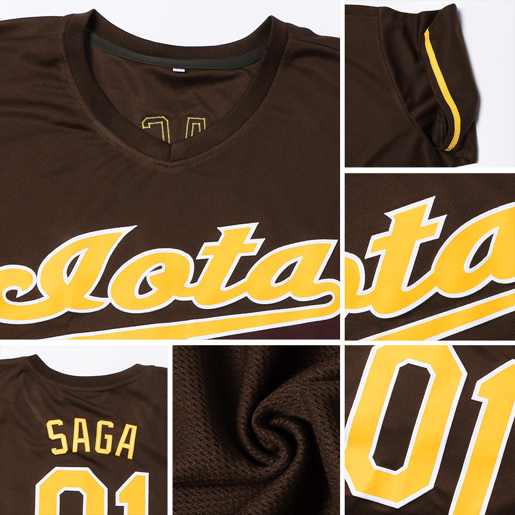 Custom Brown Gold-White Authentic Baseball Jersey view 6