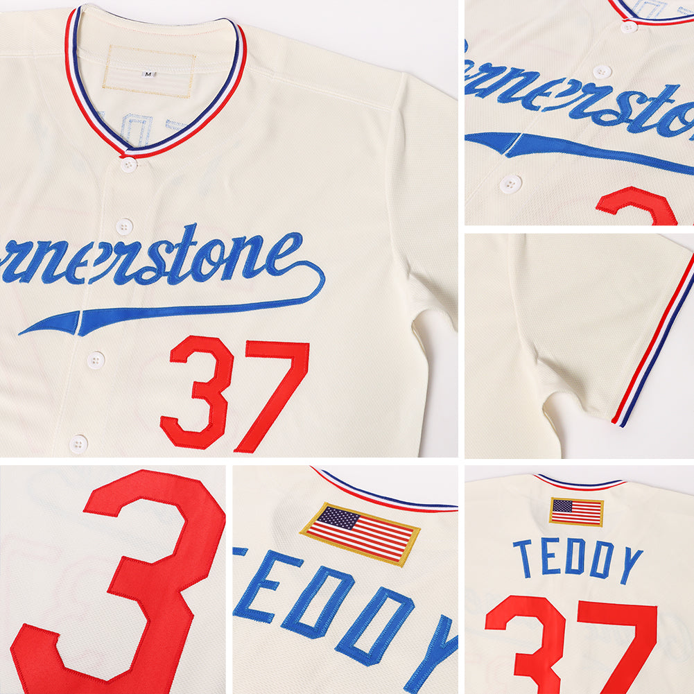 Custom Cream Red-Royal Authentic American Flag Fashion Baseball Jersey view 6