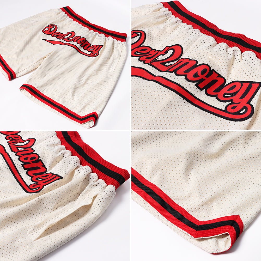 Custom Cream Red-Black Authentic Throwback Basketball Shorts view 4