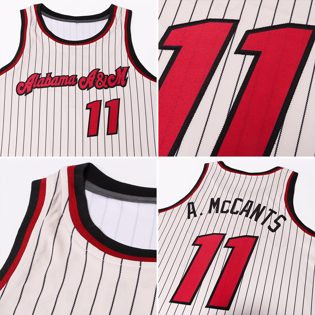 Custom Cream Black Pinstripe Maroon-Black Authentic Basketball Jersey view 7