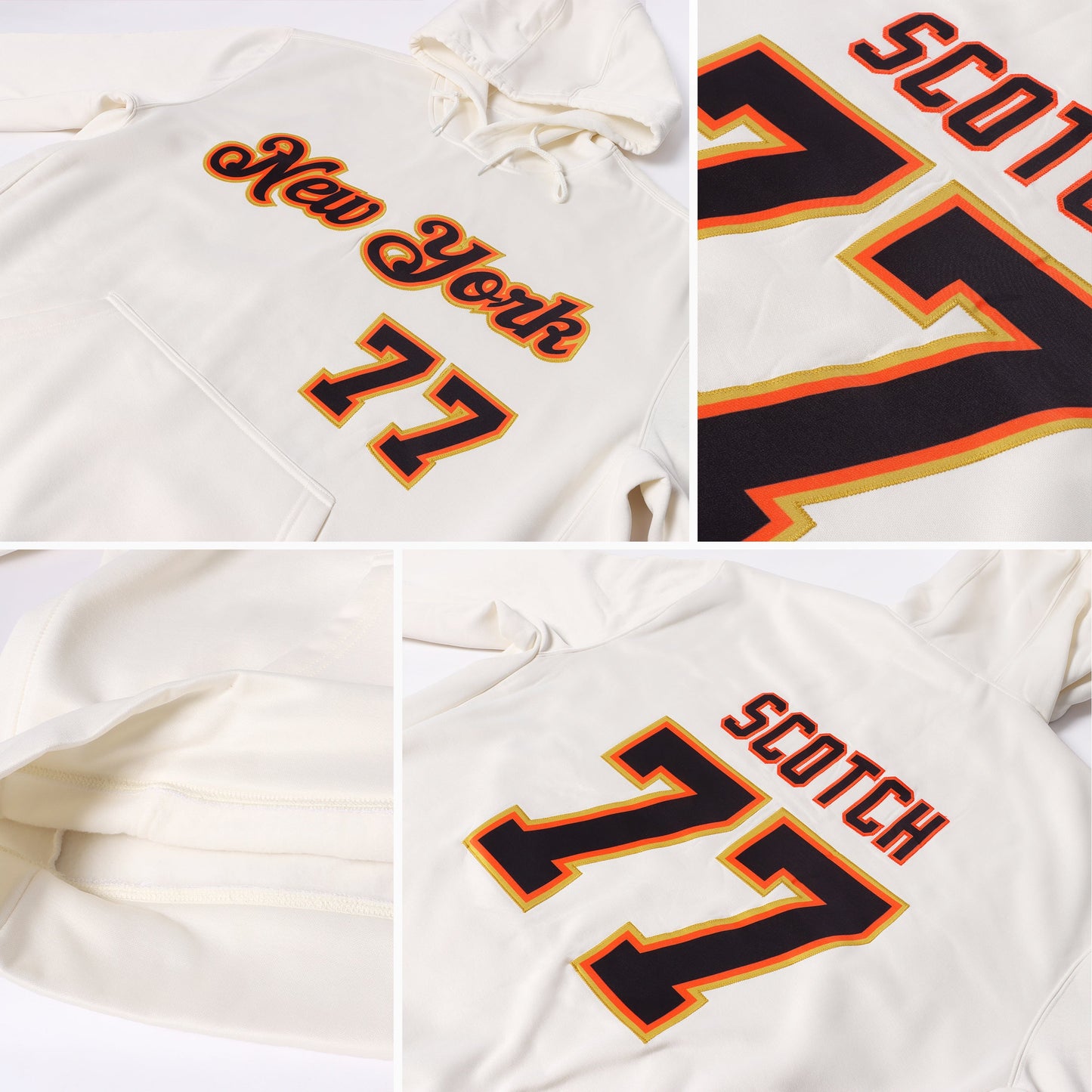 Custom Stitched Cream Black-Orange Sports Pullover Sweatshirt Hoodie view 7