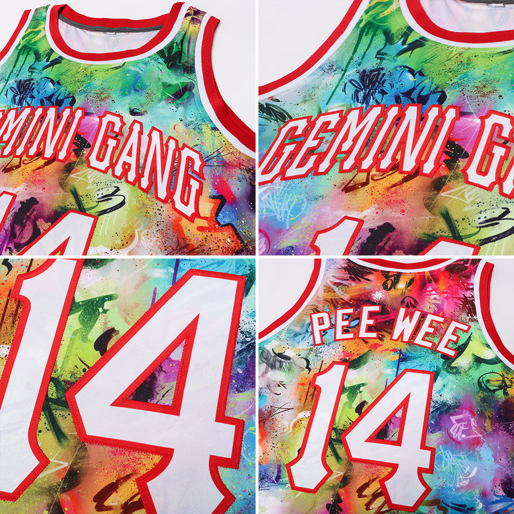 Custom Scratch Graffiti Pattern White-Red 3D Authentic Basketball Jersey view 7
