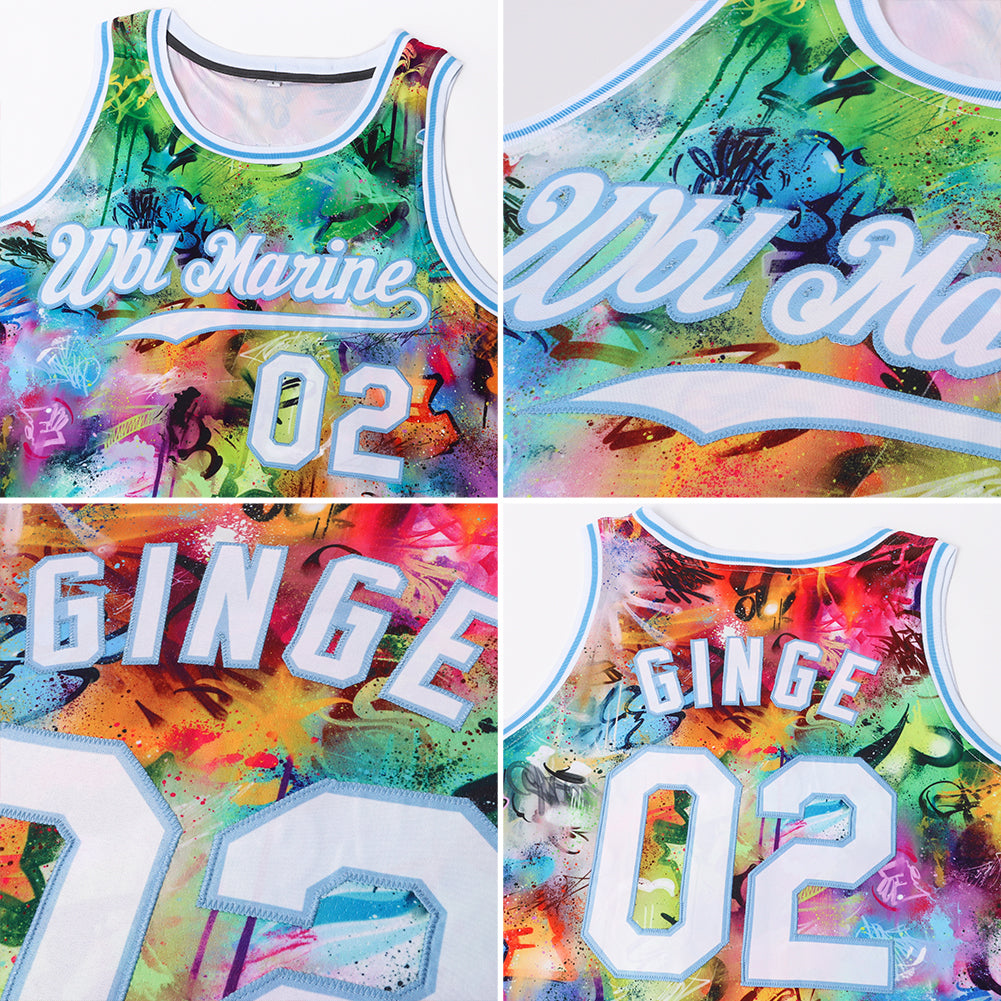Custom Scratch Graffiti Pattern White-Light Blue 3D Authentic Basketball Jersey view 7