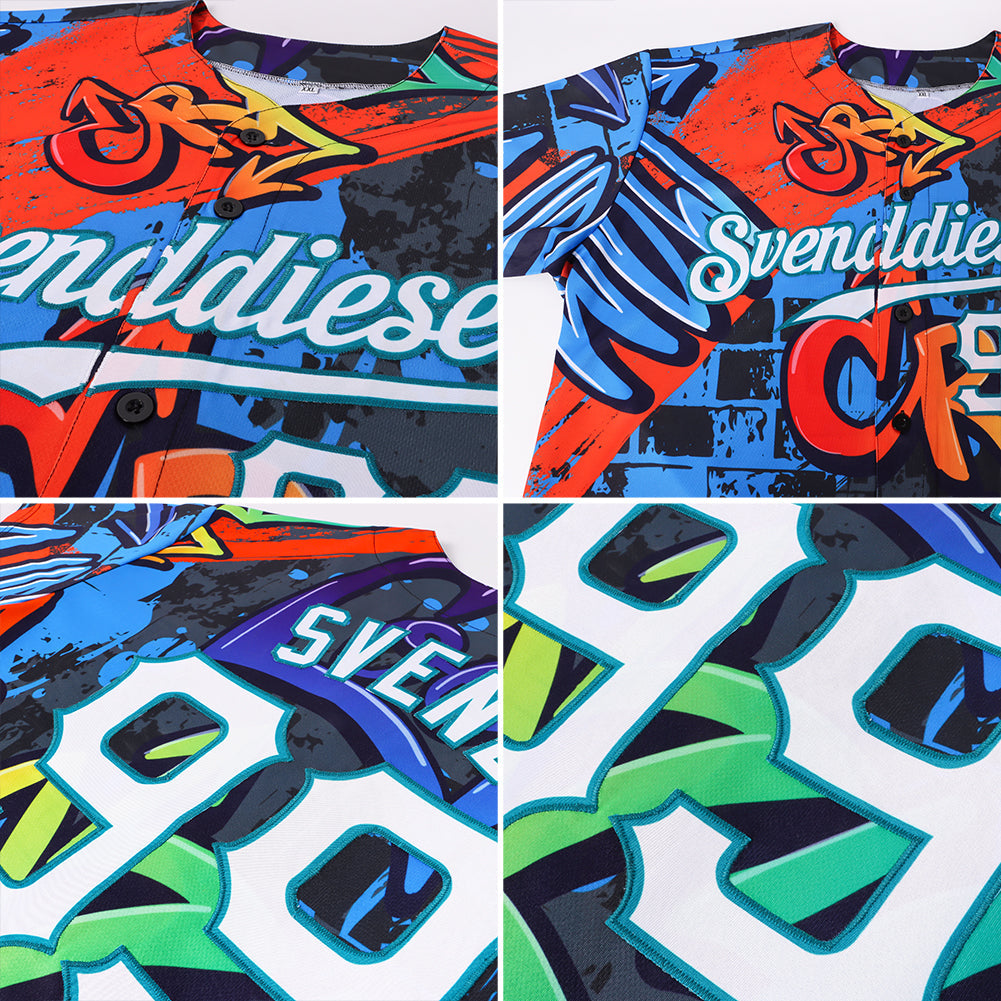Custom Graffiti Geometric Pattern White-Teal 3D Authentic Baseball Jersey view 6
