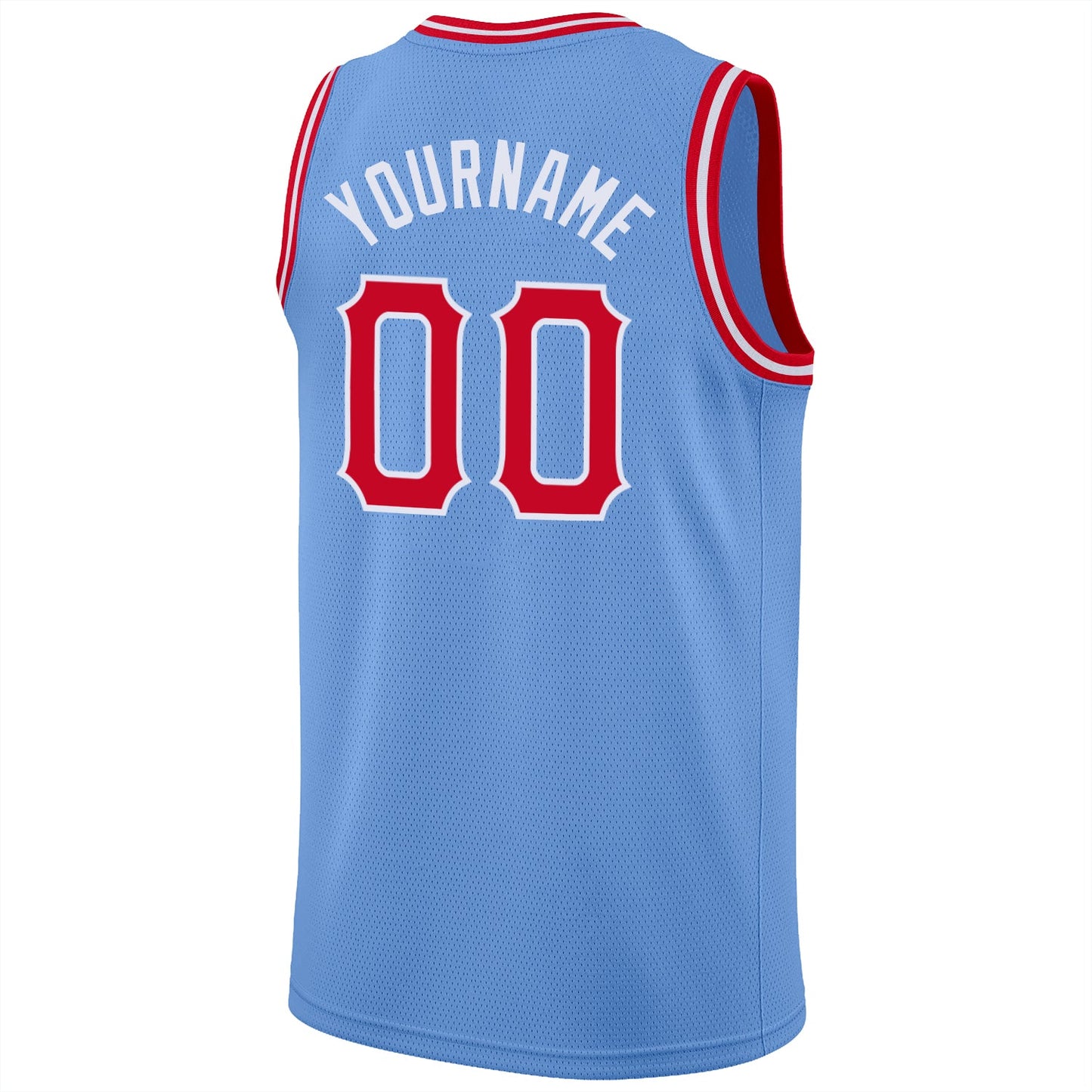 Custom Light Blue Red-White Round Neck Rib-Knit Basketball Jersey view 6