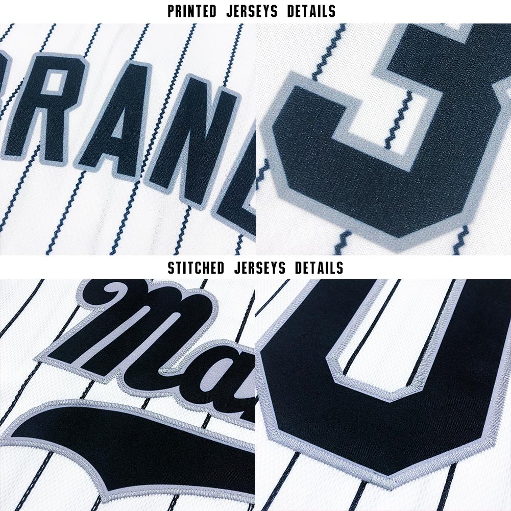 Custom White Royal Pinstripe Navy-Gold Baseball Jersey view 6