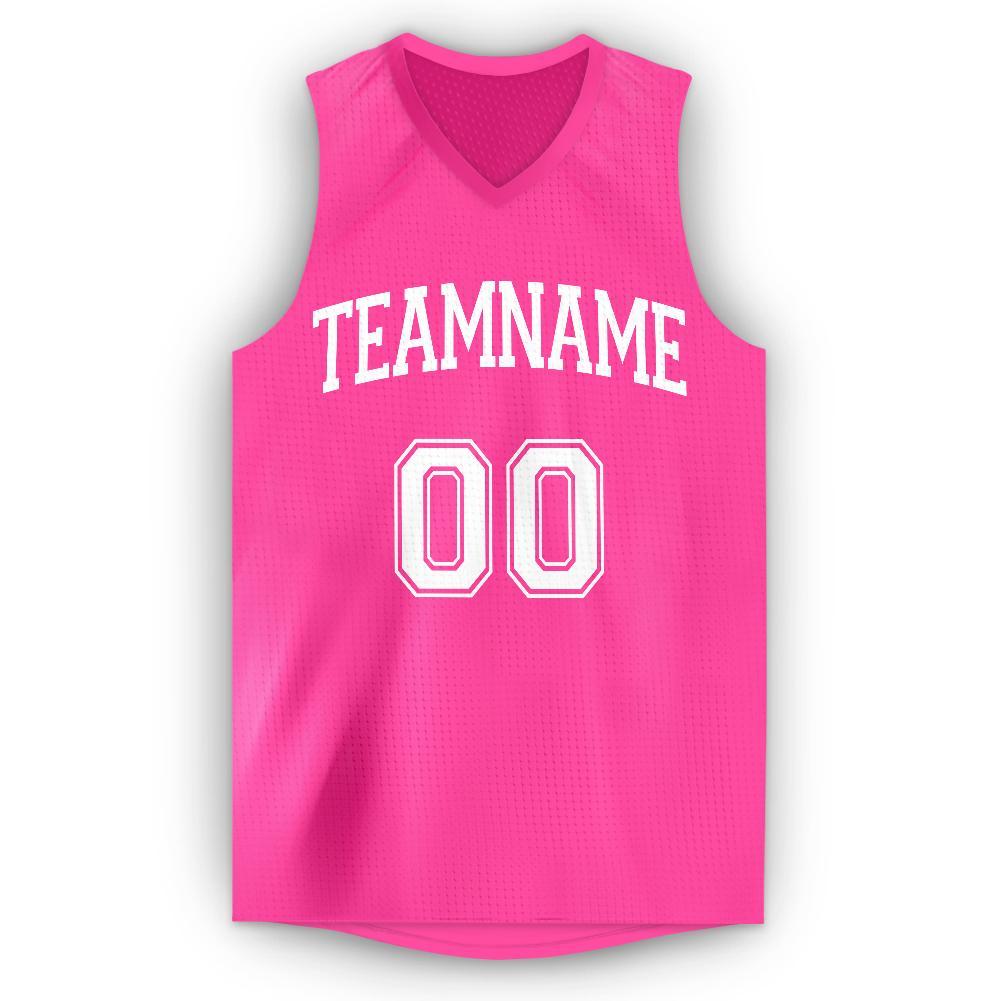 Custom Pink White V-Neck Basketball Jersey view 5