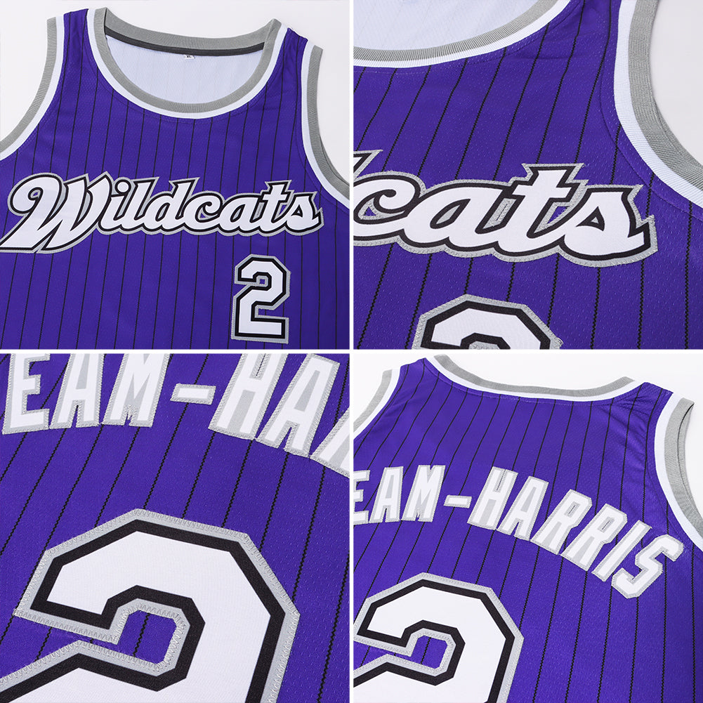 Custom Purple Black Pinstripe White-Gray Authentic Basketball Jersey view 7