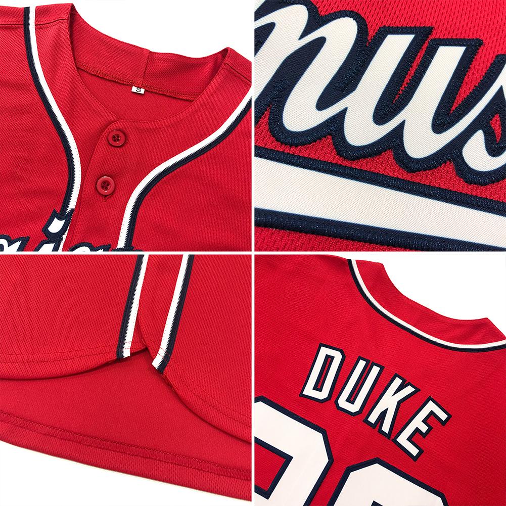 Custom Red White-Navy Authentic Baseball Jersey view 6