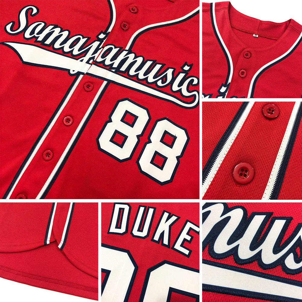 Custom Red White-Navy Authentic Baseball Jersey view 6