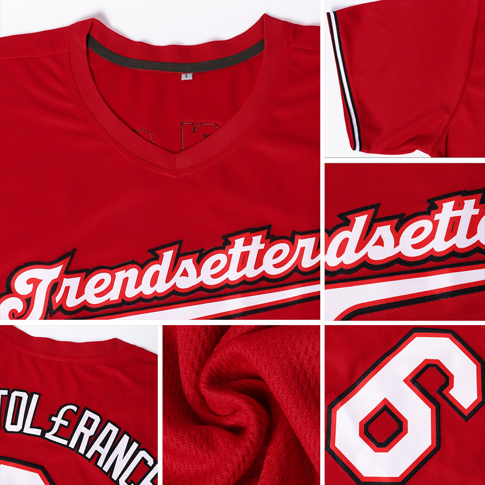 Custom Red White-Gold Authentic Throwback Rib-Knit Baseball Jersey Shirt view 7