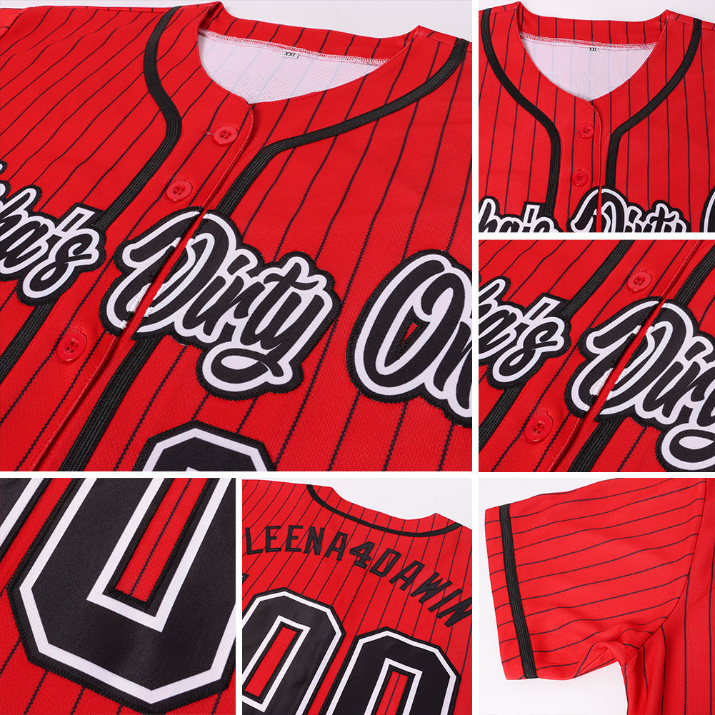 Custom Red Black Pinstripe Black-White Authentic Baseball Jersey view 6