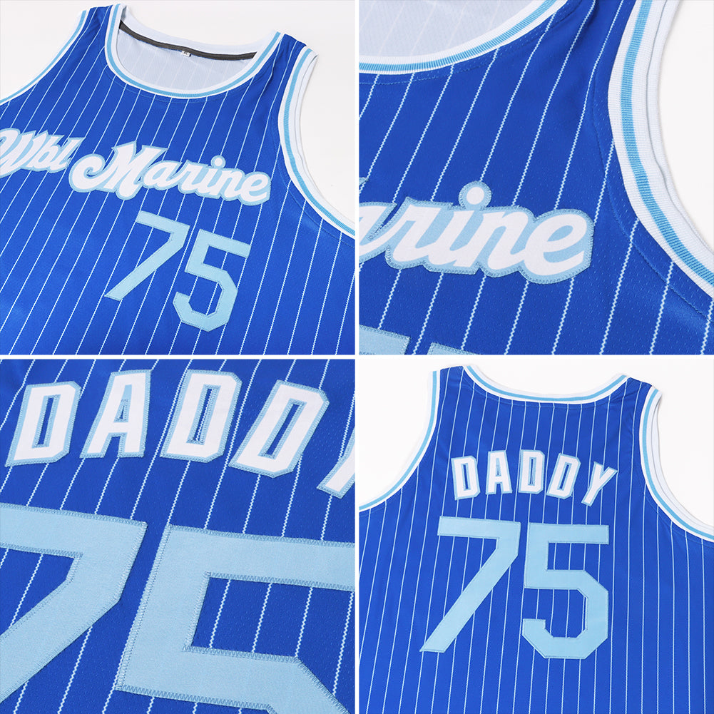 Custom Royal White Pinstripe Light Blue-White Authentic Basketball Jersey view 7