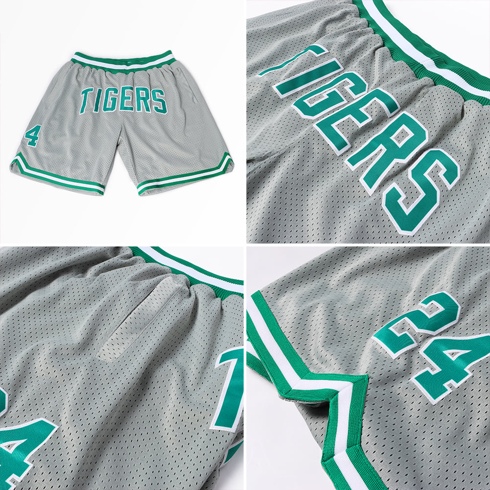 Custom Gray Kelly Green-White Authentic Throwback Basketball Shorts view 4