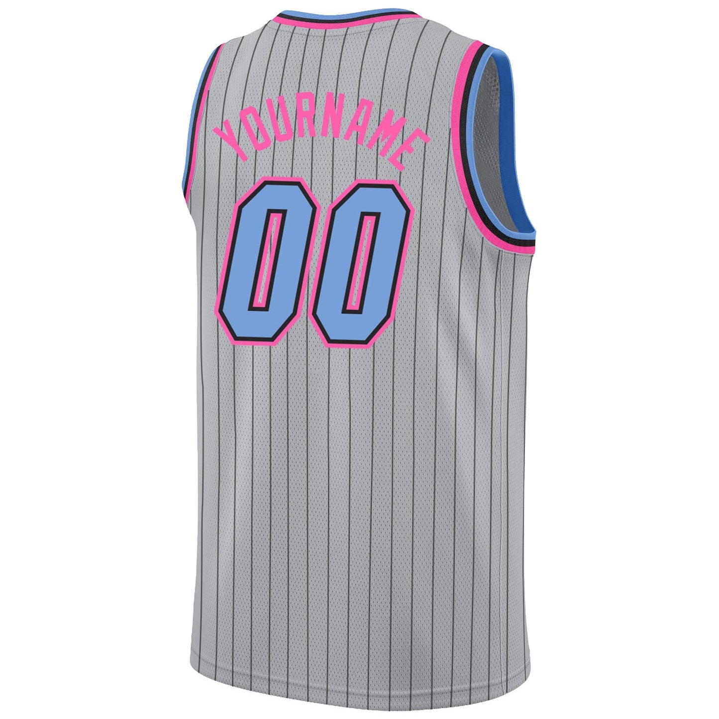 Custom Gray Black Pinstripe Light Blue-Pink Authentic Basketball Jersey view 6