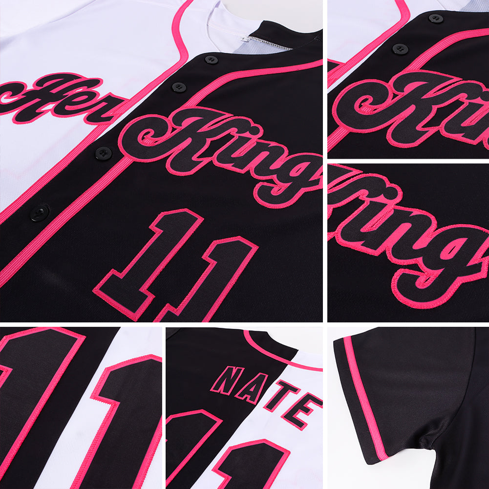 Custom White-Black Pink Authentic Split Fashion Baseball Jersey view 6