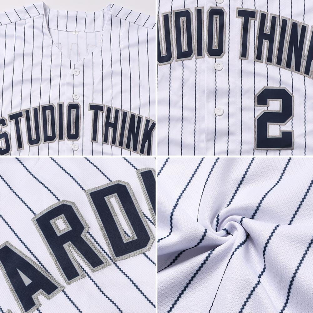 Custom White Navy Pinstripe Navy-Gray Authentic Baseball Jersey view 6
