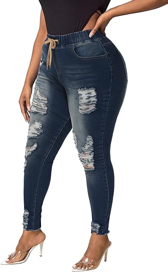 Womens Plus Size Skinny Distressed Jeans High Waisted Stretch Drawstring Ripped Denim Joggers - Main View