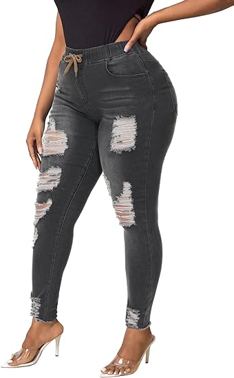 Womens Plus Size Skinny Distressed Jeans High Waisted Stretch Drawstring Ripped Denim Joggers - Main View