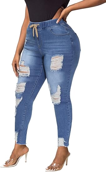 Womens Plus Size Skinny Distressed Jeans High Waisted Stretch Drawstring Ripped Denim Joggers - Main View