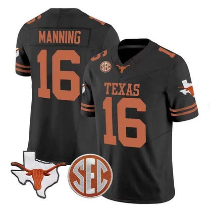 T.Longhorns #16 Arch Manning Jersey Black Stitched American College Jerseys - Main View