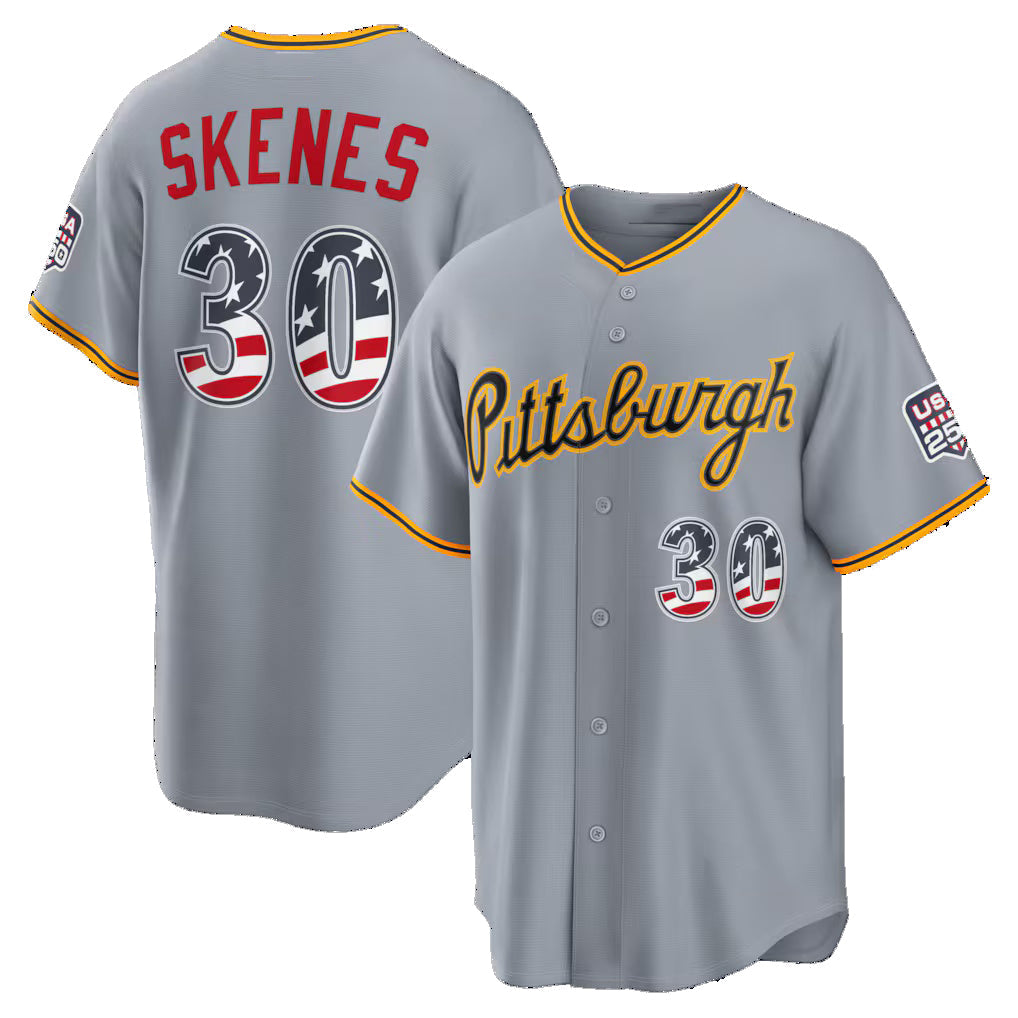 Pittsburgh Pirates #30 Paul Skenes USA 250 Fourth of July Road Stadium Jersey - Gray Tailgate Goods - Main View