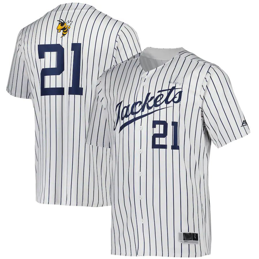 #21 GATech Yellow Jackets Button-Up Baseball Jersey White Stitched American College Jerseys - Main View