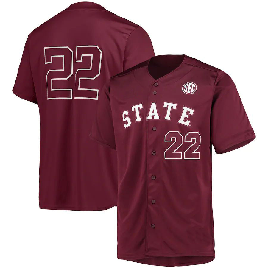 #22 M.State Bulldogs  Button-Up Baseball Jersey  Maroon Stitched American College Jerseys - Main View