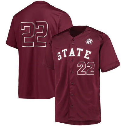 #22 M.State Bulldogs  Button-Up Baseball Jersey  Maroon Stitched American College Jerseys - Main View