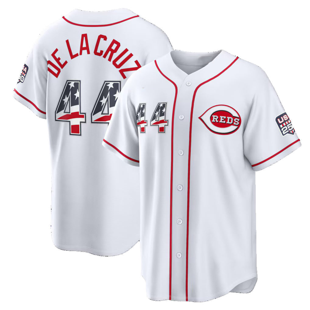 Cincinnati Reds #44 Elly De La Cruz USA 250 Fourth of July Home Stadium Jersey - White Tailgate Goods - Main View