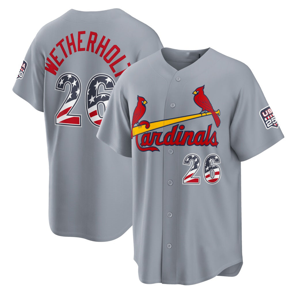 St. Louis Cardinals #26 JJ Wetherholt USA 250 Fourth of July Road Stadium Jersey - Gray Tailgate Goods - Main View