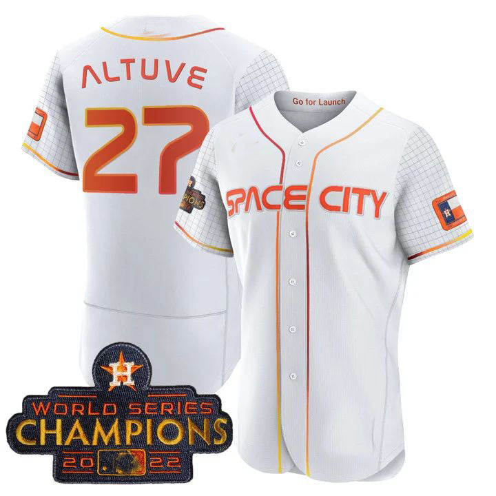 #27 Jose Altuve Houston Astros White 2023 SPACE CITY CHAMPIONS FLEX JERSEY ¨C ALL STITCHED Baseball Jerseys - Main View