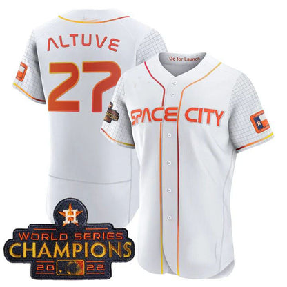 #27 Jose Altuve Houston Astros White 2023 SPACE CITY CHAMPIONS FLEX JERSEY ¨C ALL STITCHED Baseball Jerseys - Main View