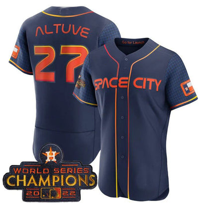 #27 Jose Altuve Houston Astros 2023 SPACE CITY CHAMPIONS FLEX JERSEY ¨C BLUE ALL STITCHED Baseball Jerseys - Main View