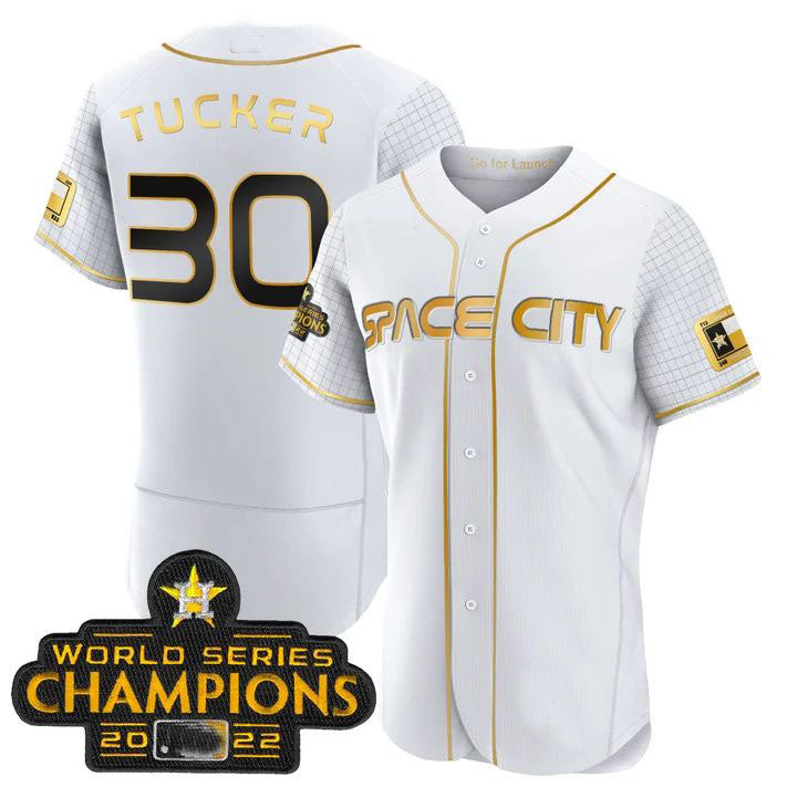 #30 Kyle Tucker Houston Astros White 2023 SPACE CITY CHAMPIONS FLEX JERSEY ¨C ALL STITCHED Baseball Jerseys - Main View