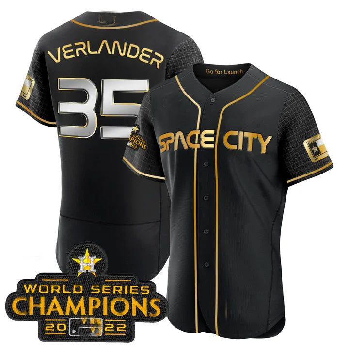 #35 Justin Verlander Houston Astros 2023 SPACE CITY CHAMPIONS FLEX JERSEY ¨C black ALL STITCHED Baseball Jerseys - Main View
