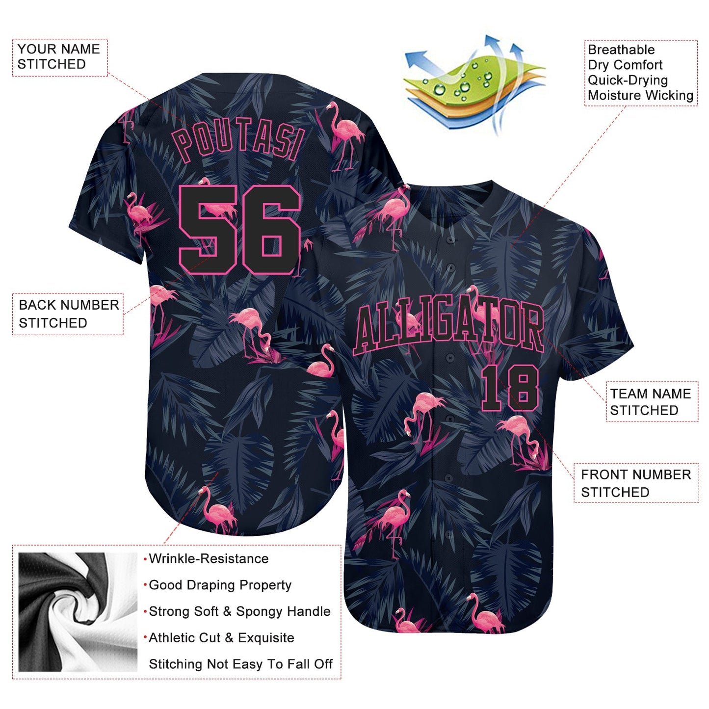 Custom 3D Pattern Design Hawaii Flamingo Authentic Baseball Jersey view 4