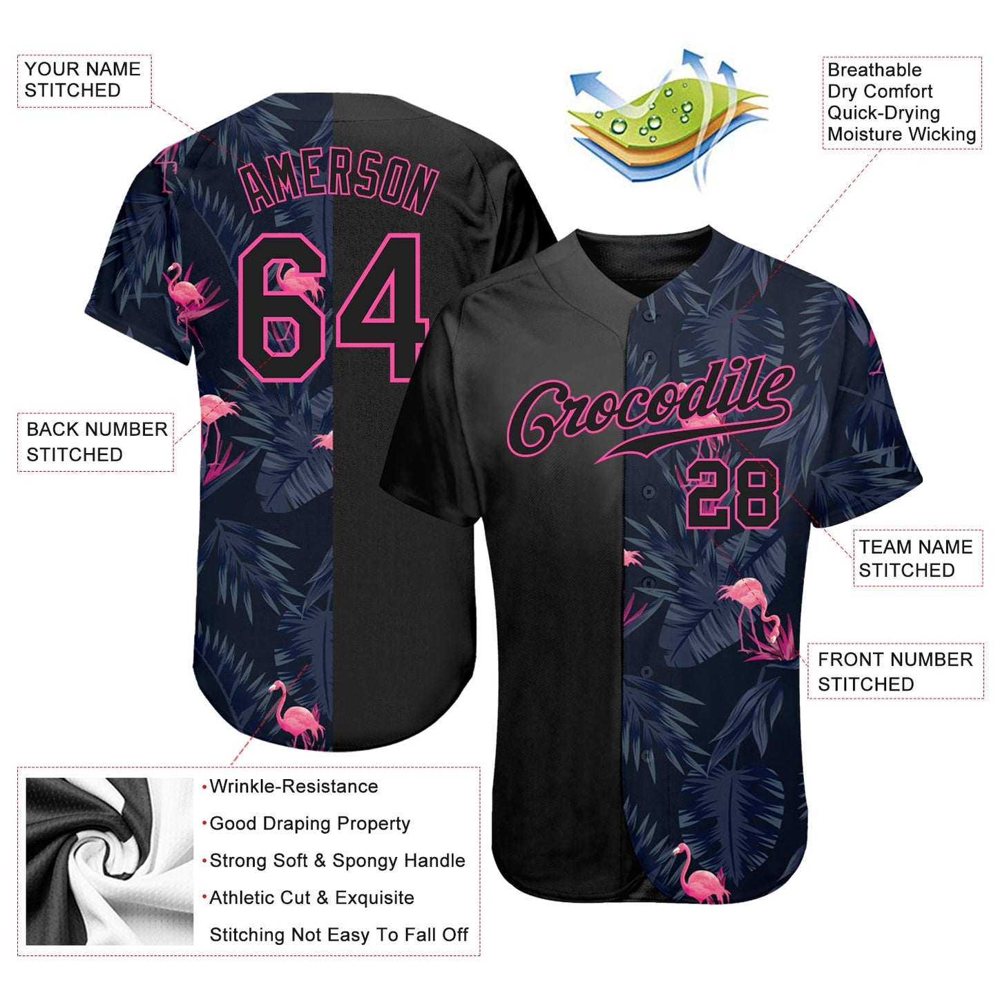 Custom 3D Pattern Design Flamingo Authentic Baseball Jersey view 3