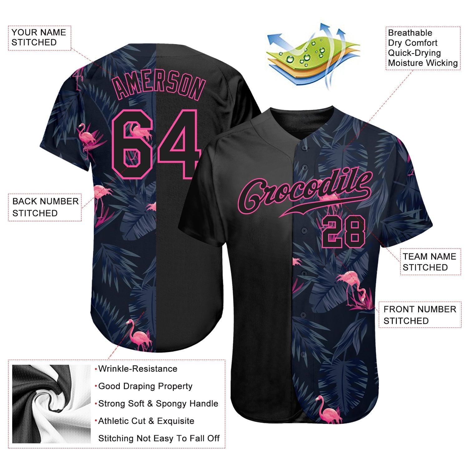 Custom 3D Pattern Design Flamingo Authentic Baseball Jersey view 3