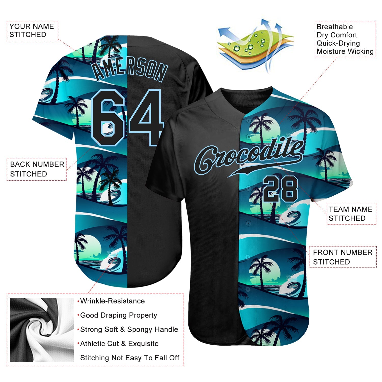 Custom 3D Pattern Design Tropical Hibiscus And Palm Trees Authentic Baseball Jersey view 3