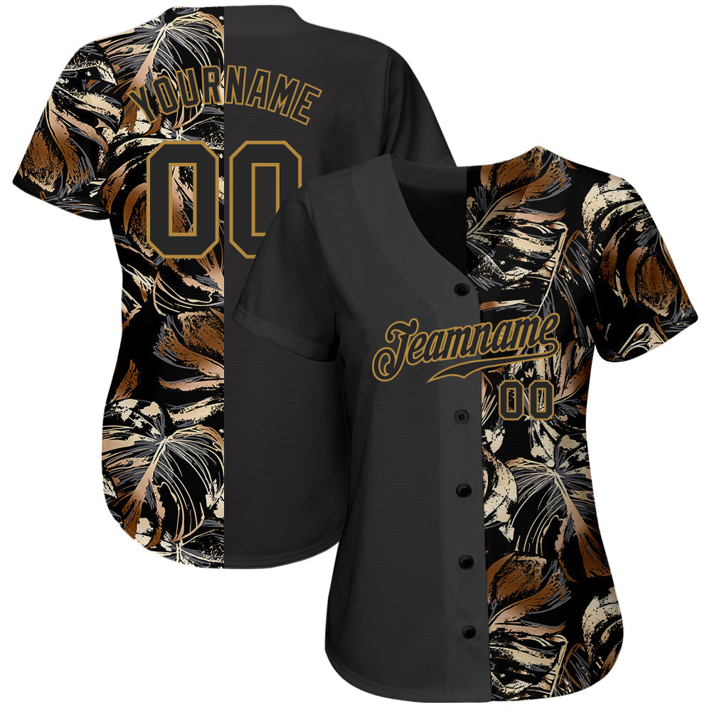 Custom 3D Pattern Design Golden Tropical Leaves In The Style Of Jungle And Hawaii Authentic Baseball Jersey view 2