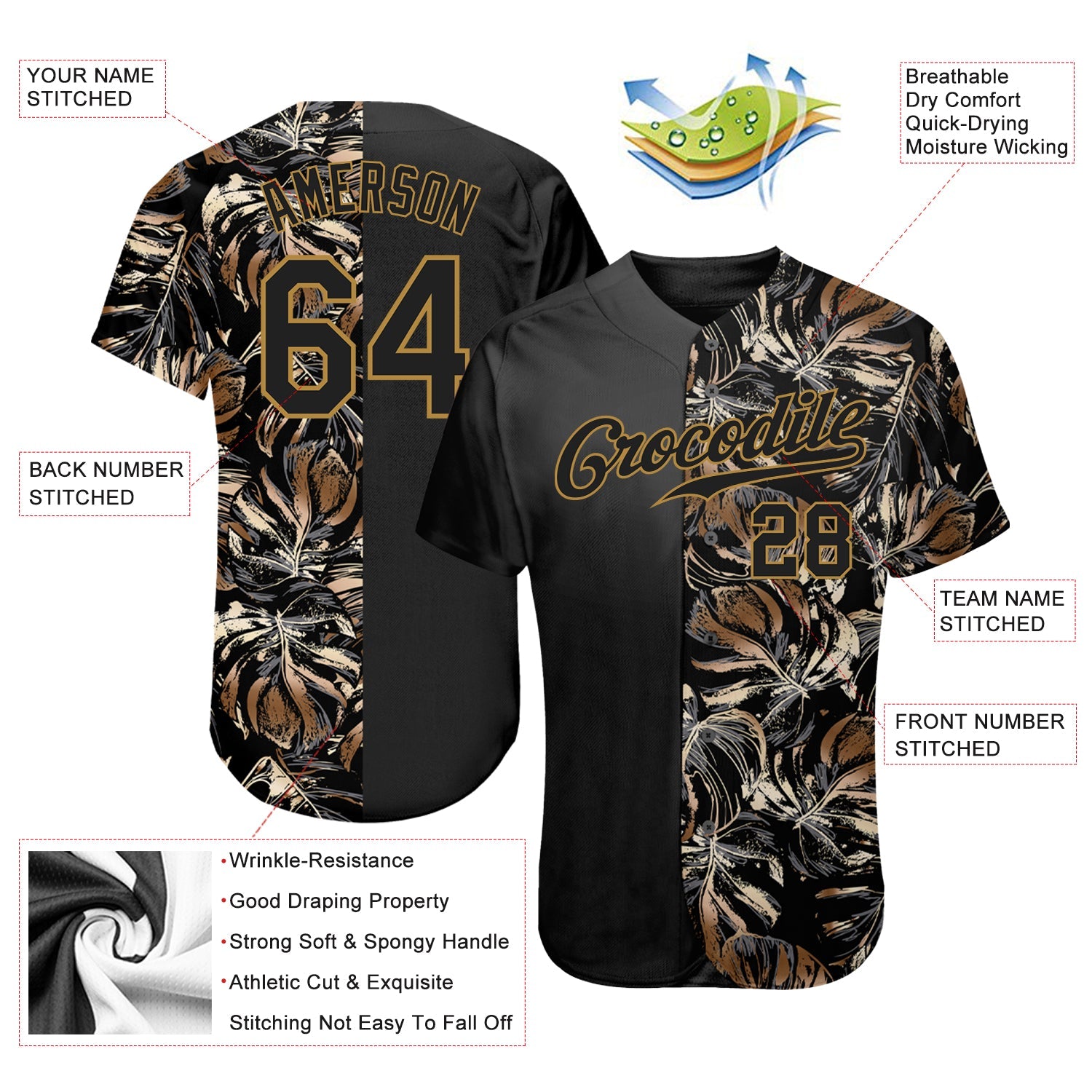 Custom 3D Pattern Design Golden Tropical Leaves In The Style Of Jungle And Hawaii Authentic Baseball Jersey view 3
