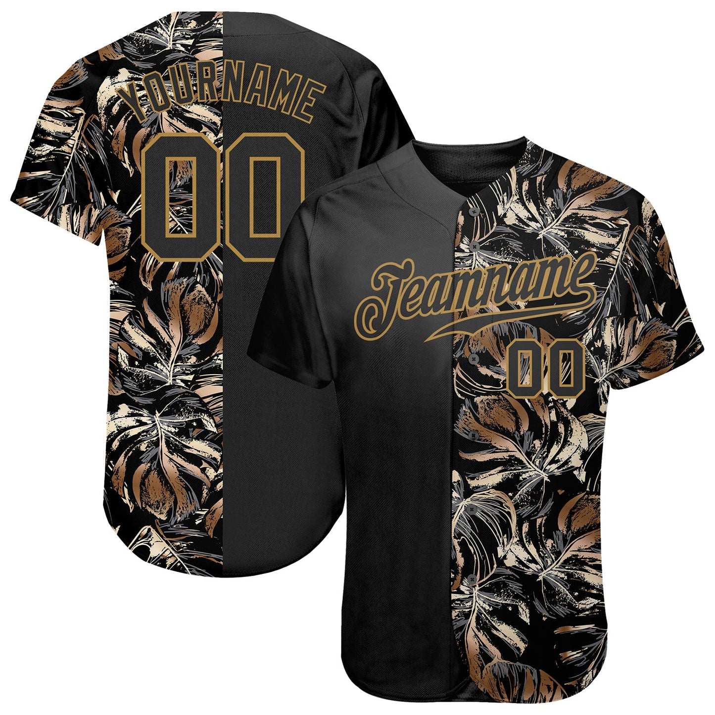 Custom 3D Pattern Design Golden Tropical Leaves In The Style Of Jungle And Hawaii Authentic Baseball Jersey - Main View