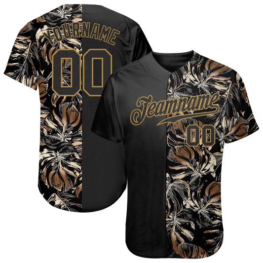 Custom 3D Pattern Design Golden Tropical Leaves In The Style Of Jungle And Hawaii Authentic Baseball Jersey - Main View