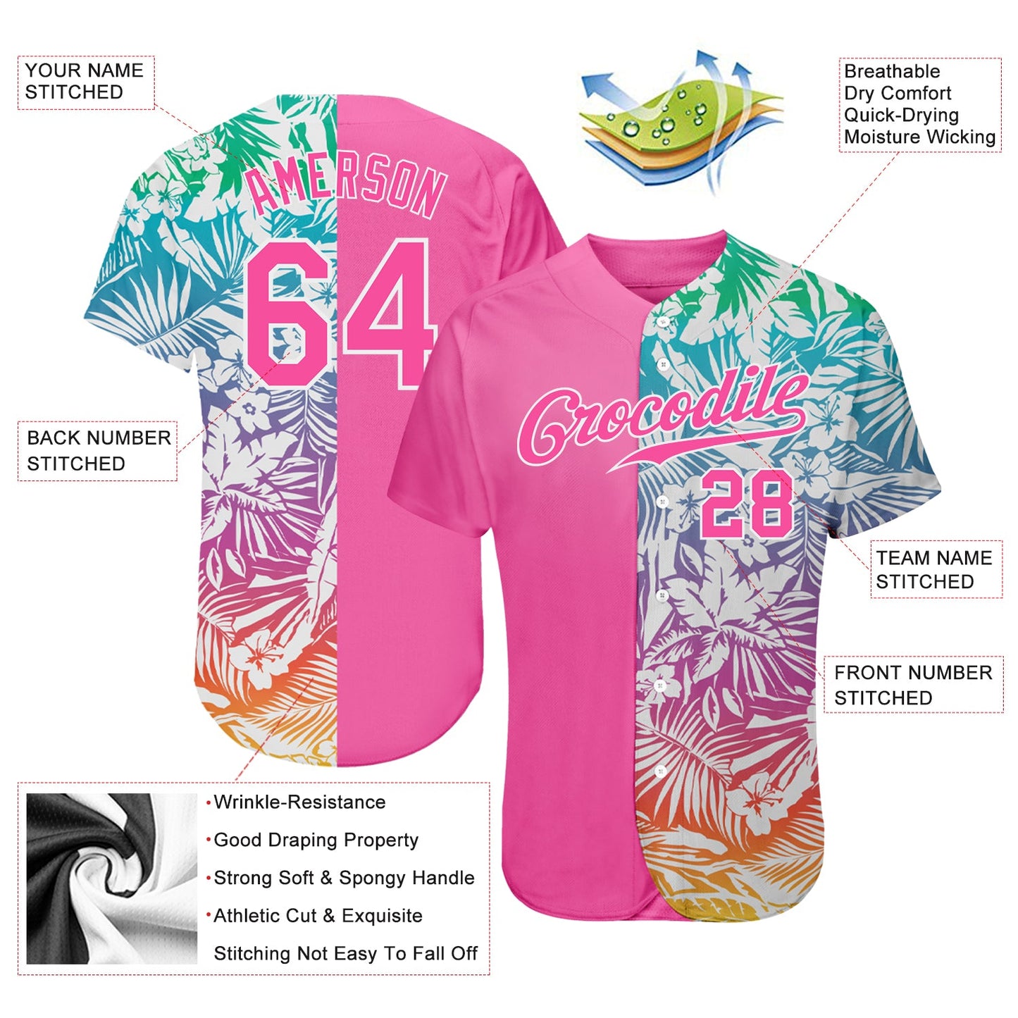 Custom 3D Pattern Design Tropical Palm Leaves Authentic Baseball Jersey view 4
