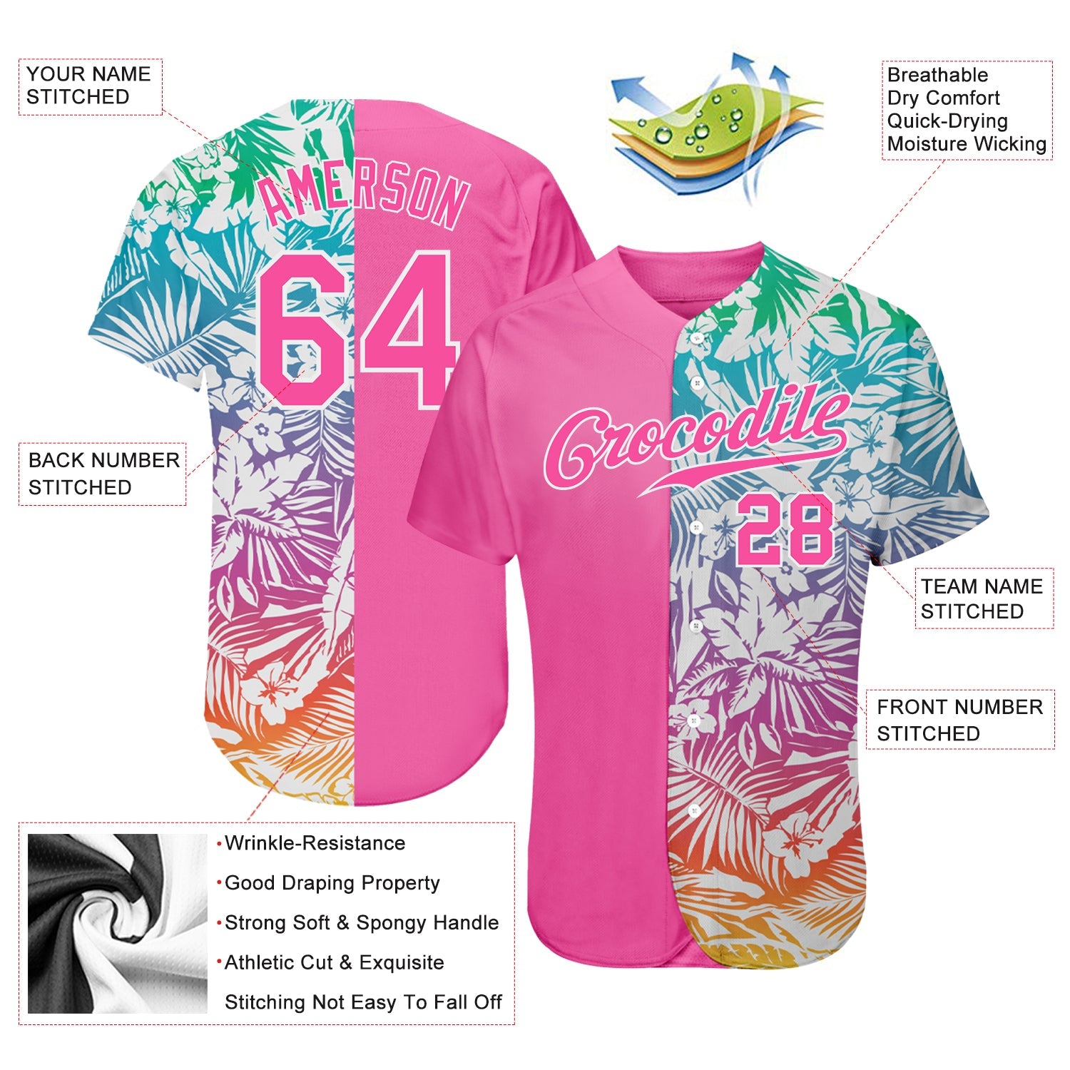 Custom 3D Pattern Design Tropical Palm Leaves Authentic Baseball Jersey view 4