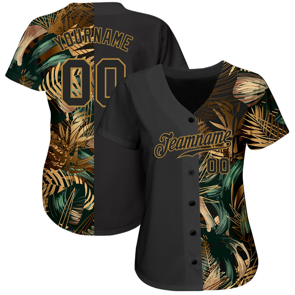 Custom 3D Pattern Design Golden And Green Tropical Leaves In The Style Of Jungle And Hawaii Authentic Baseball Jersey view 2